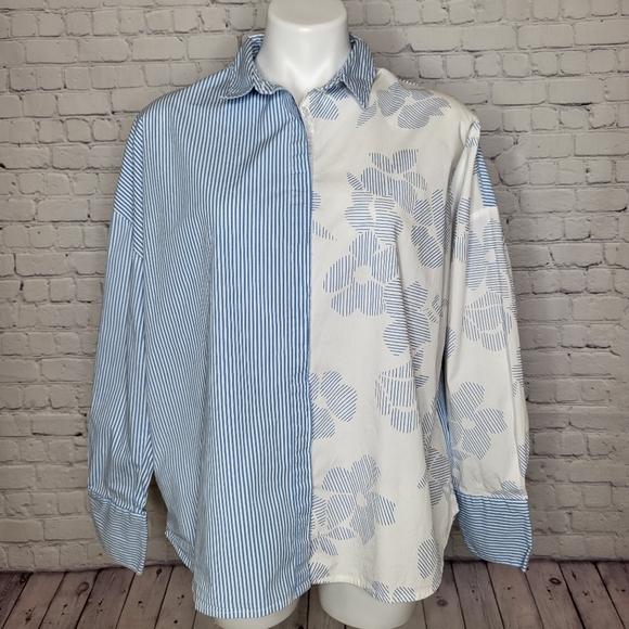 A New Day Blue and White Mixed Pattern Button Down Shirt Size L - Picture 1 of 6